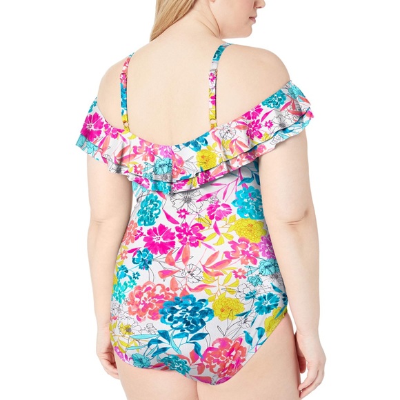 KENNETH COLE SwimSuit One-piece Tummy Control Ruffle Shoulder Floral Swim Wear - Picture 5 of 9